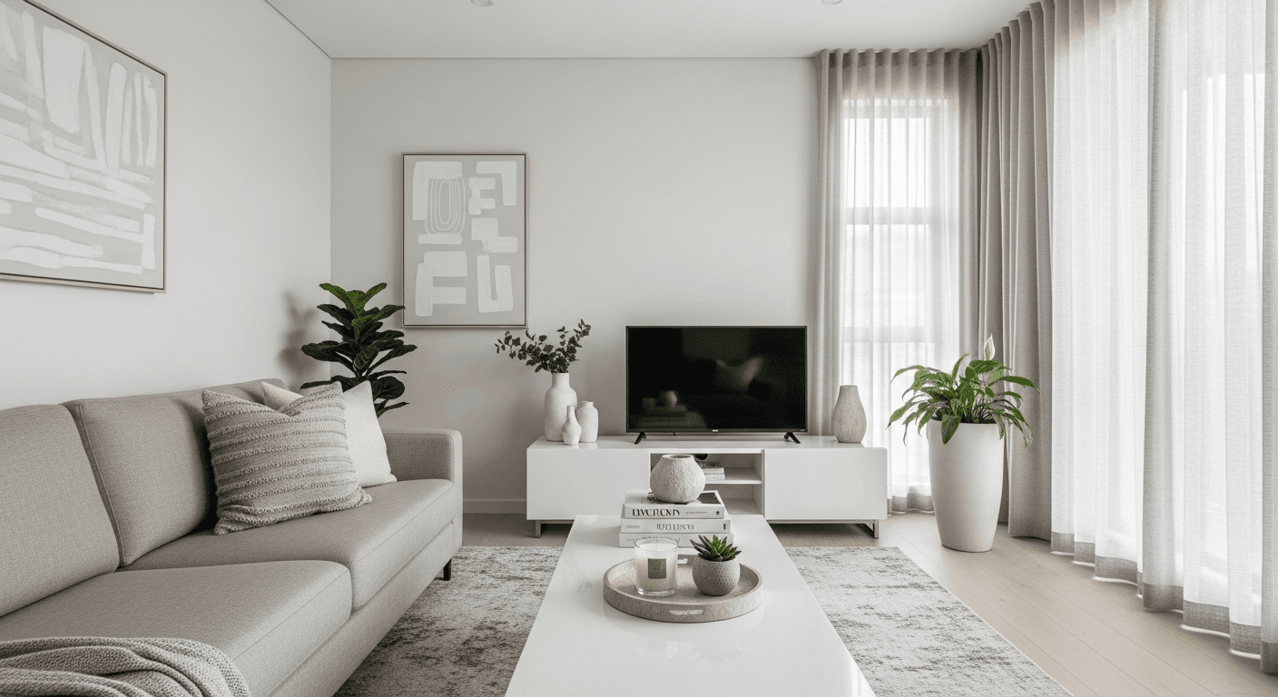 A clutter-free living room ready for home staging, showcasing a professional decluttering transformation