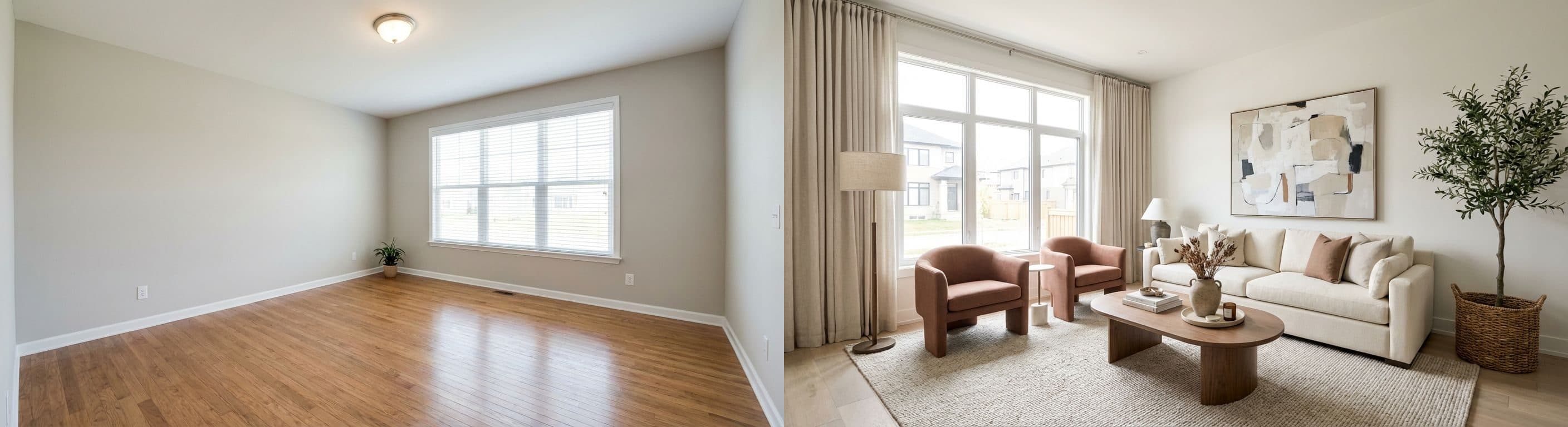 Vergleichsbild eines Wohnzimmers vor und nach virtuellem Home Staging, das die Verbesserung von Raumgefühl, Beleuchtung und Möblierung zeigt und so die Attraktivität der Immobilienanzeige steigert.