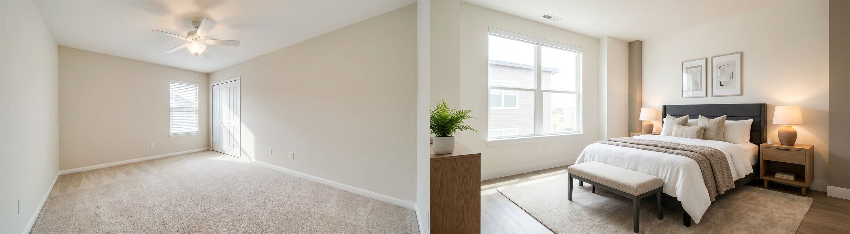 Vergleichsbild eines Hauptschlafzimmers vor und nach virtuellem Home Staging, das die Transformation von einem unpersönlichen zu einem einladenden und stilvollen Raum für potenzielle Käufer darstellt.