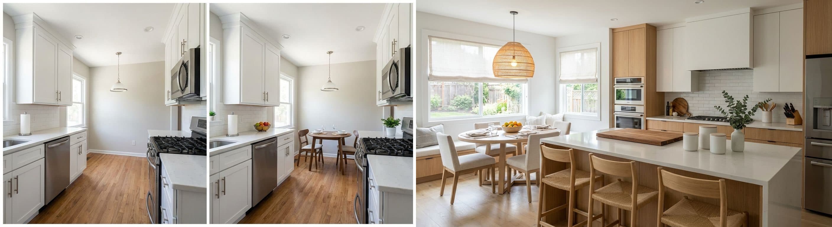 Vergleichsbild einer Küche mit Essbereich vor und nach virtuellem Home Staging, das die Optimierung der Raumaufteilung, Beleuchtung und Möblierung für eine verbesserte Präsentation der Immobilie zeigt.