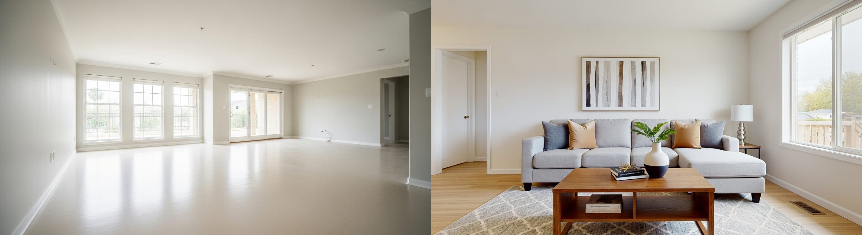 Living Room: before vs after virtual staging