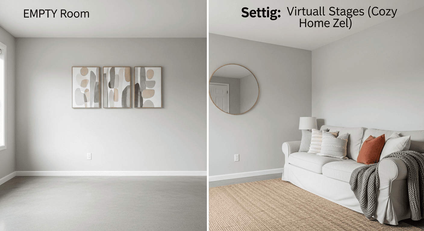 Before and after image of an empty room transformed by AI virtual staging