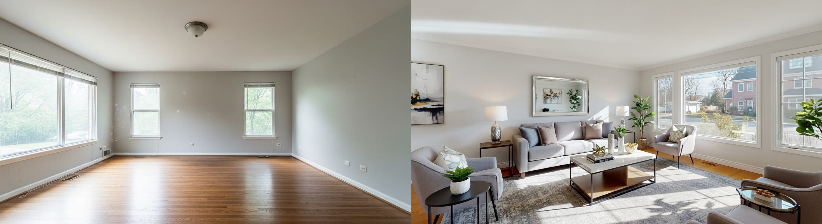 Stue: før vs etter virtuell styling