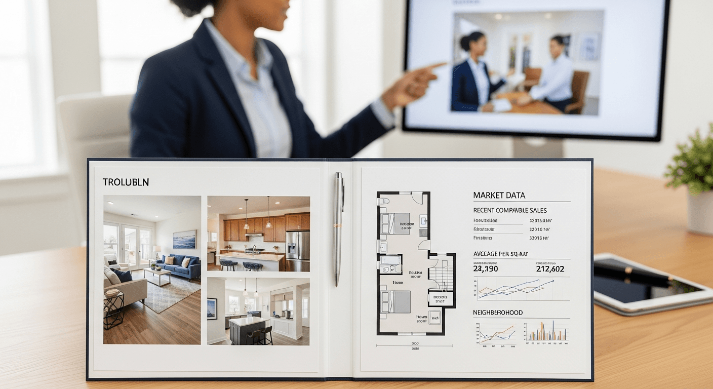 Cartella di presentazione immobiliare professionale con foto di case allestite e documenti