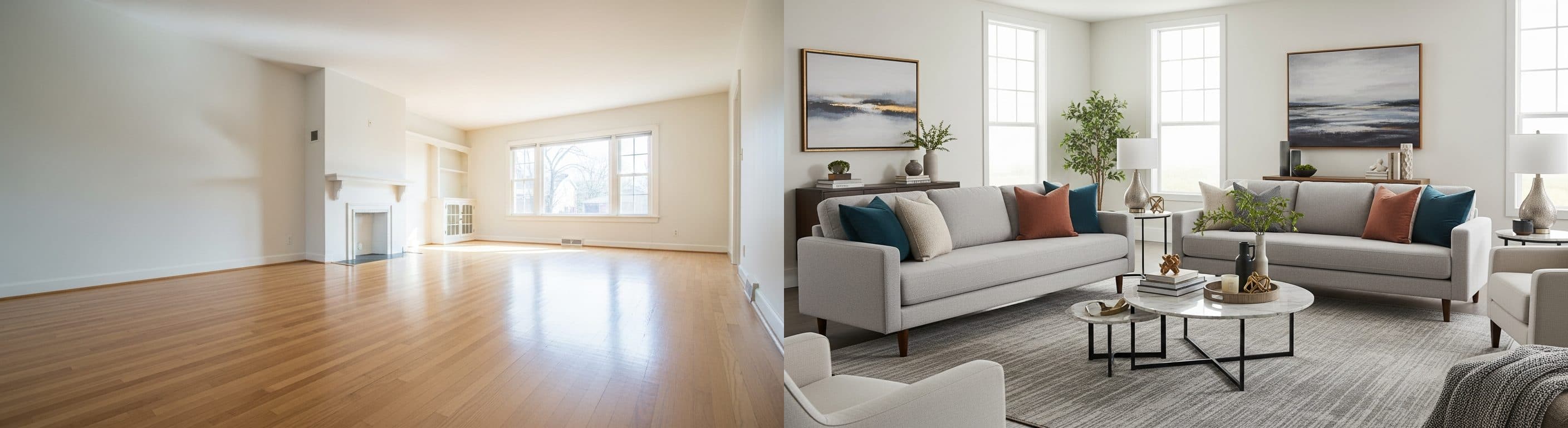 Living Room: before vs after virtual staging