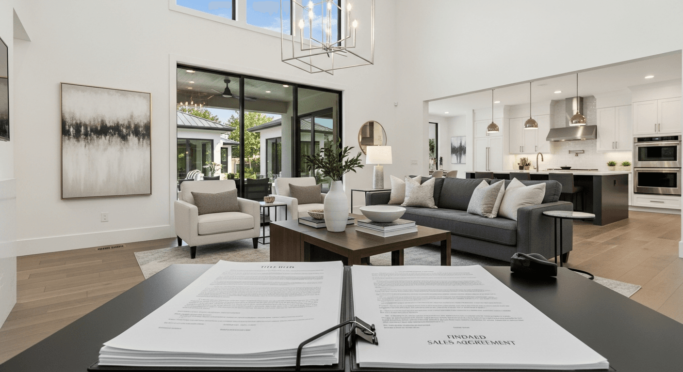 Organized stack of real estate documents with a staged home in the background