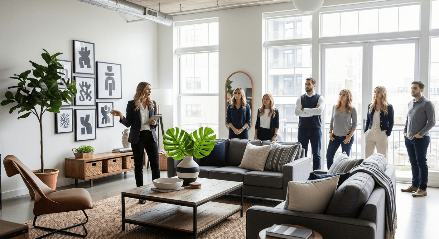Agent immobilier discutant d'une propriété avec des acheteurs lors d'une visite, abordant calmement les objections