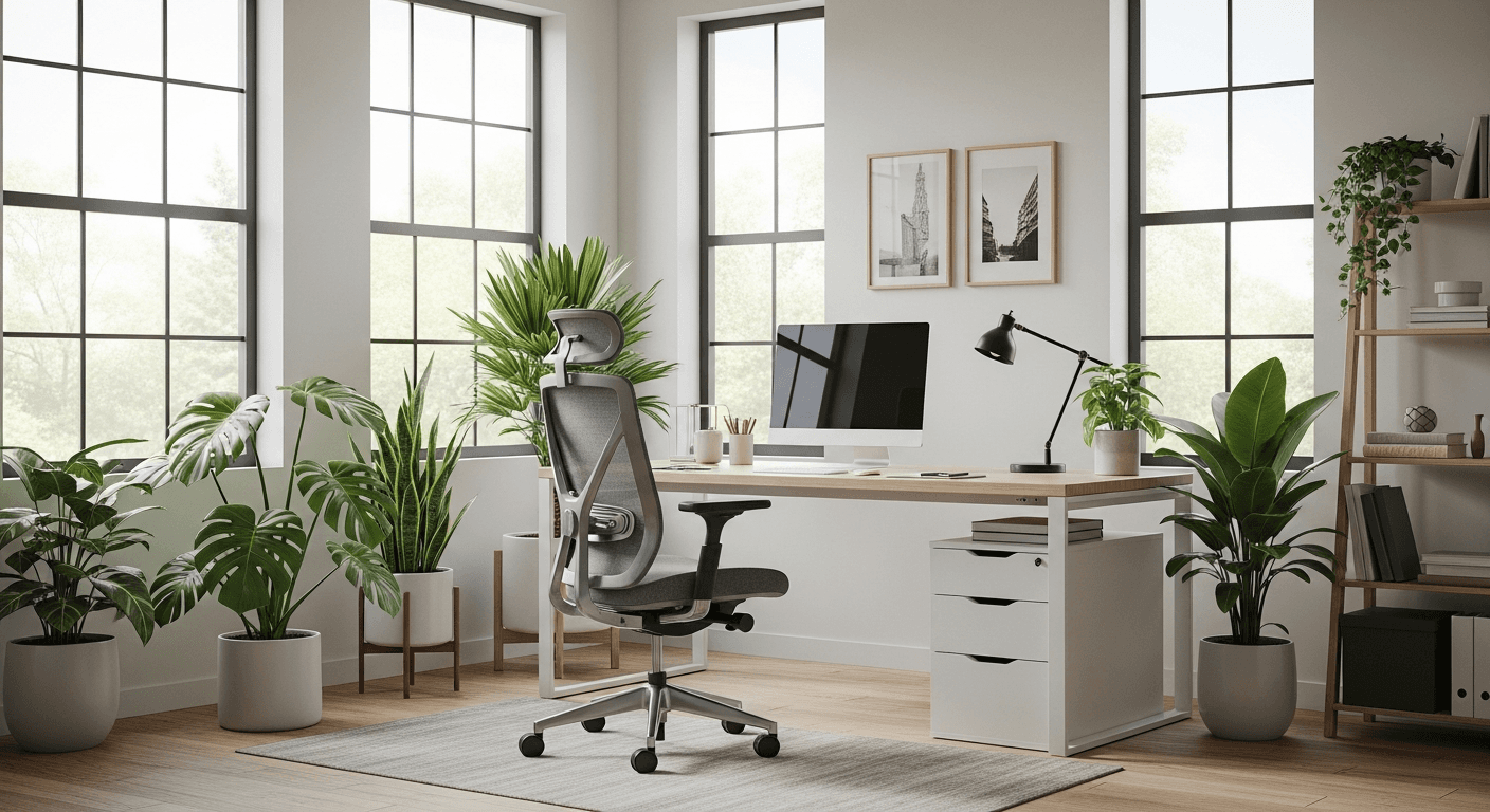 Bureau à domicile aménagé professionnellement avec un bureau moderne et un éclairage naturel