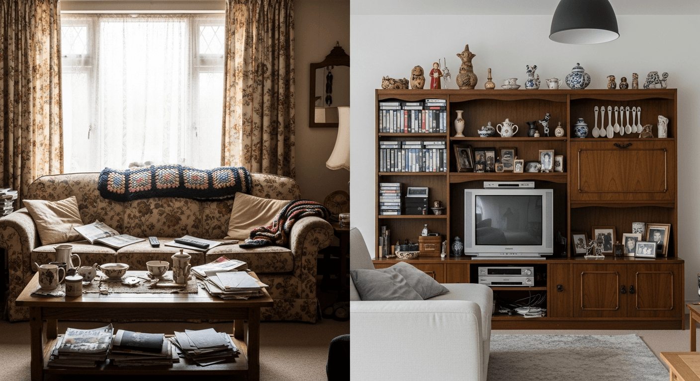 Trasformazione di home staging prima e dopo che mostra una stanza disordinata trasformata in uno spazio abitativo moderno