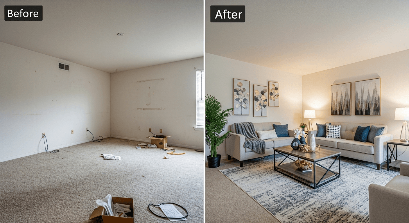 Transformim i home staging para dhe pas që tregon një dhomë ndenjeje