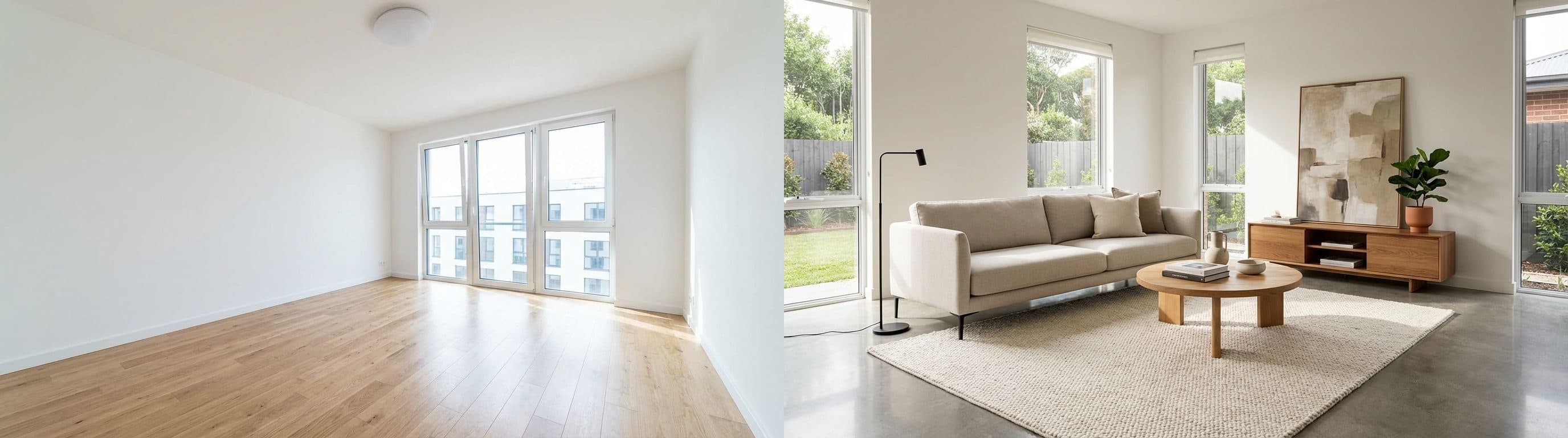 Wohnzimmer: Vorher-Nachher-Vergleich mit virtuellem Staging. Das Bild zeigt ein leeres Wohnzimmer und daneben die gleiche Ansicht, virtuell möbliert und dekoriert, um das Potenzial des Raumes hervorzuheben.