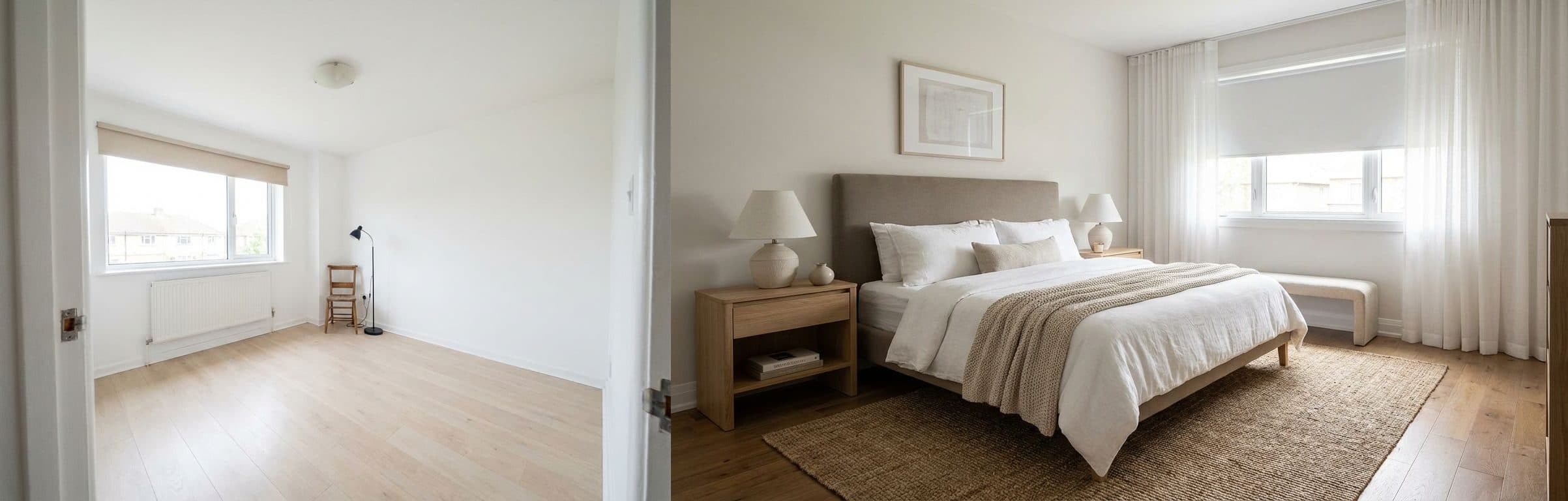 Elternschlafzimmer: Vorher-Nachher-Vergleich mit virtuellem Staging. Das Bild zeigt ein unmöbliertes Schlafzimmer und daneben die gleiche Ansicht, virtuell mit geschmackvollen Möbeln und Dekorationen ausgestattet, um eine entspannende Atmosphäre zu schaffen.