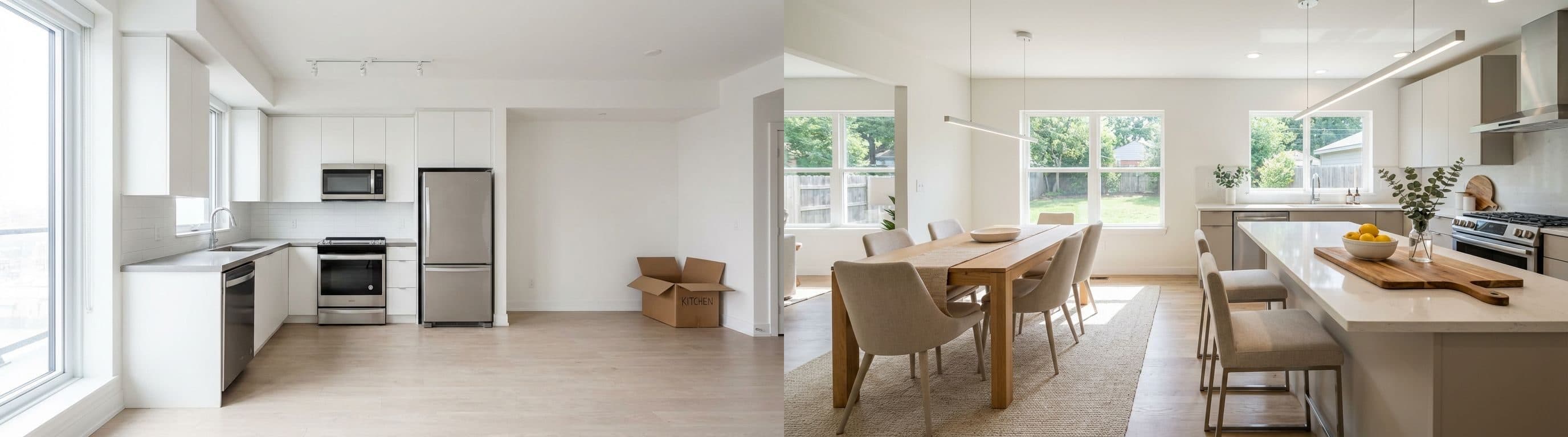 Offene Küche & Essbereich: Vorher-Nachher-Vergleich mit virtuellem Staging. Das Bild zeigt eine leere offene Küche mit Essbereich und daneben die gleiche Ansicht, virtuell mit modernen Möbeln und Dekorationen ausgestattet, die Funktionalität und Stil hervorheben.