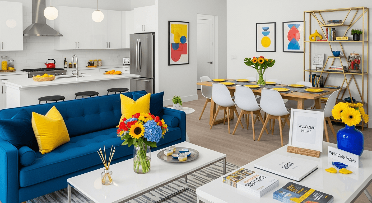 Soggiorno moderno allestito per un open house con visitatori che visitano la proprietà