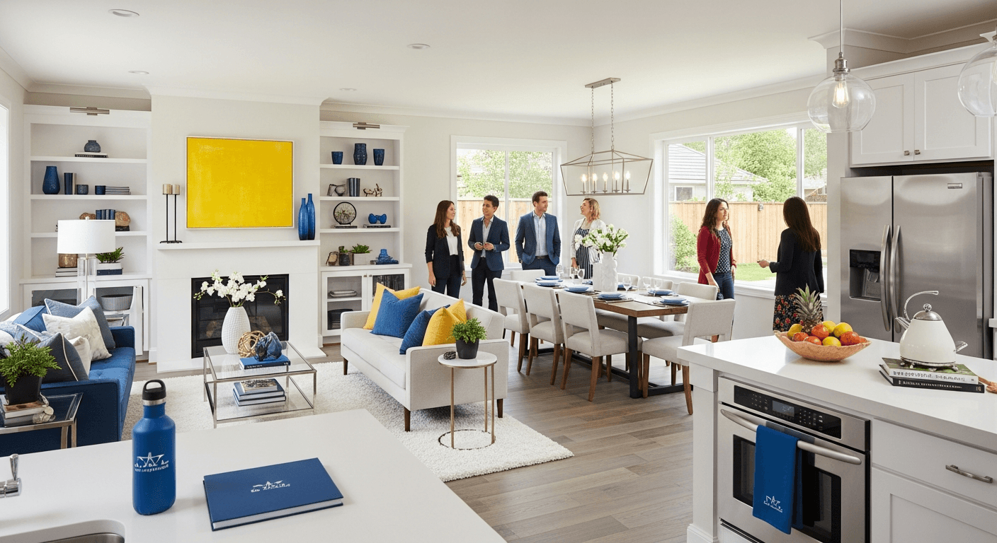 Soggiorno moderno allestito per un open house con visitatori che esplorano