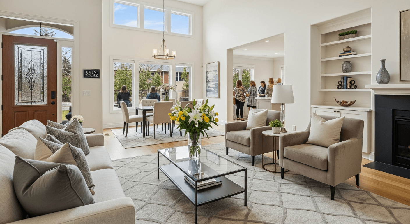 Soggiorno moderno allestito per un open house con visitatori