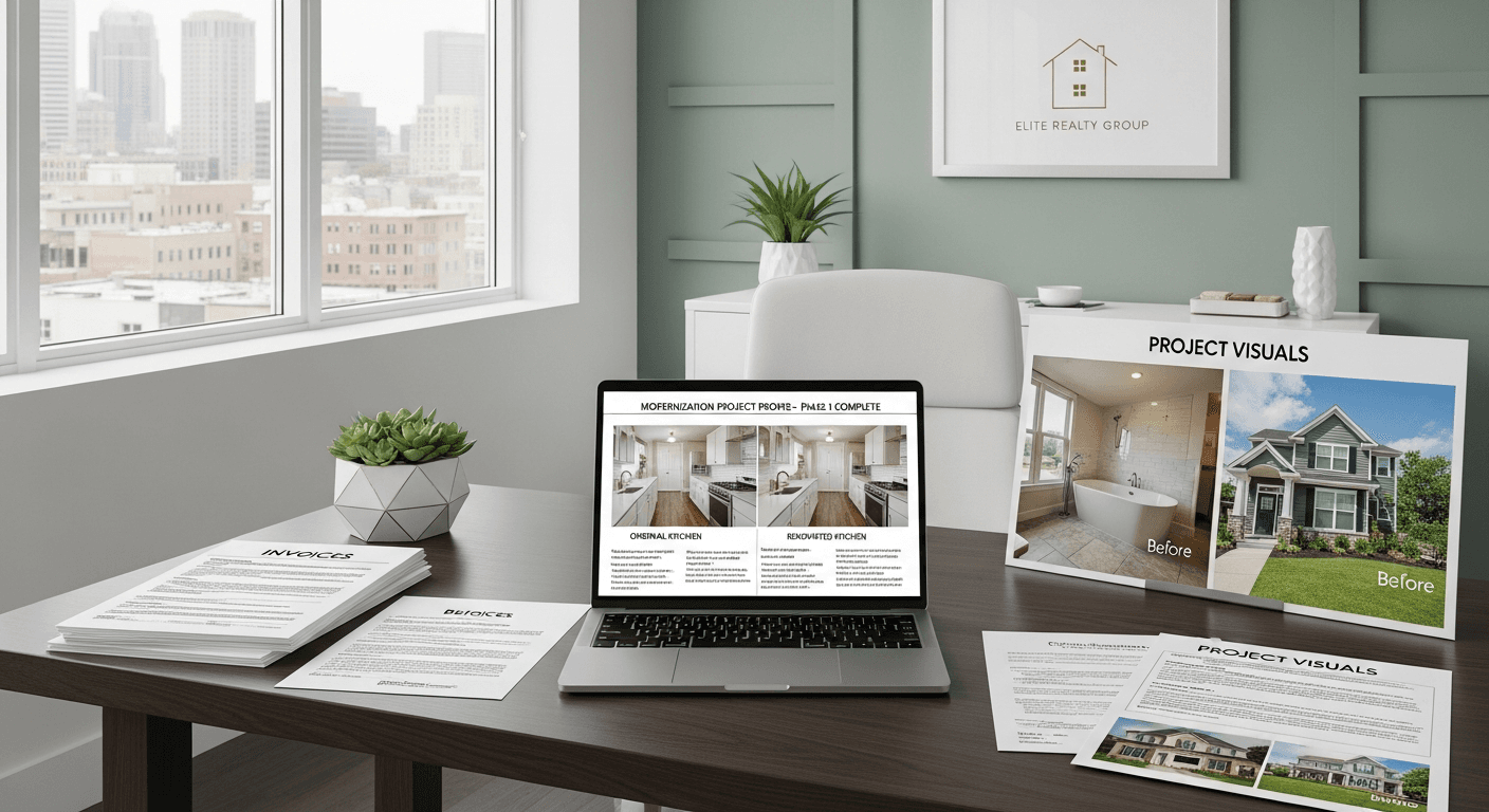 Carpeta organizada de comprobantes de modernización con listas de verificación y ejemplos para ventas inmobiliarias