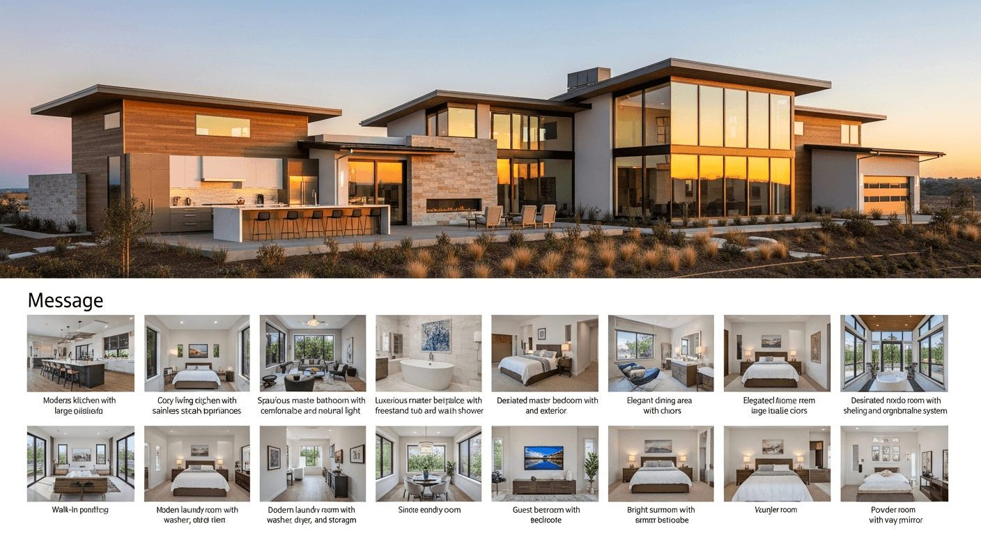 Un exterior de casă frumos amenajat, cu multiple fotografii de înaltă calitate afișate pe o platformă de anunțuri imobiliare