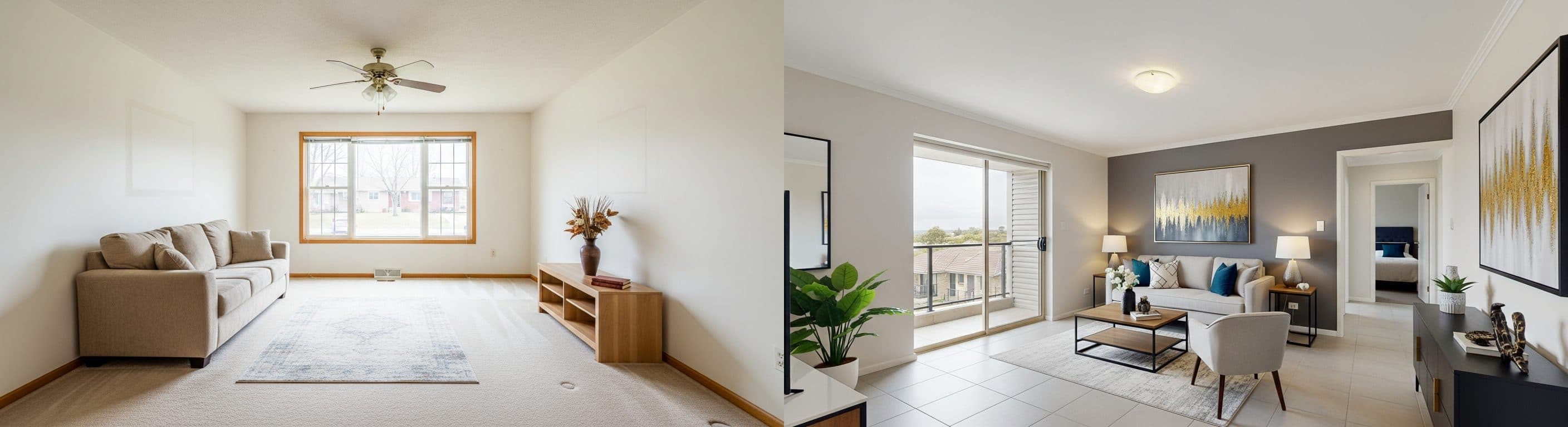 Living Room: before vs after virtual staging
