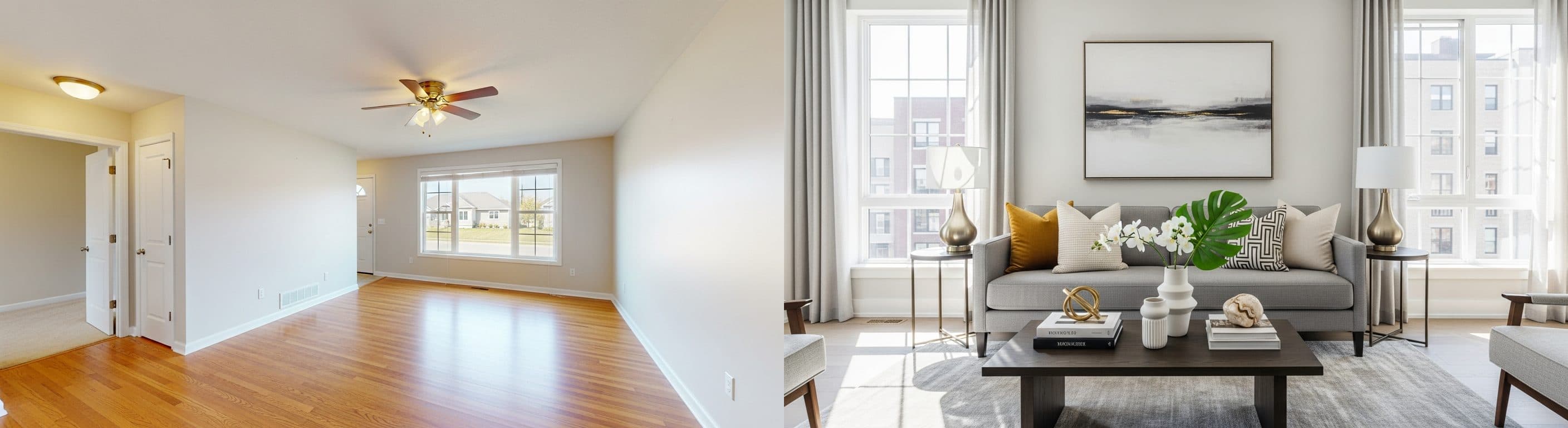 living room: before vs after virtual staging