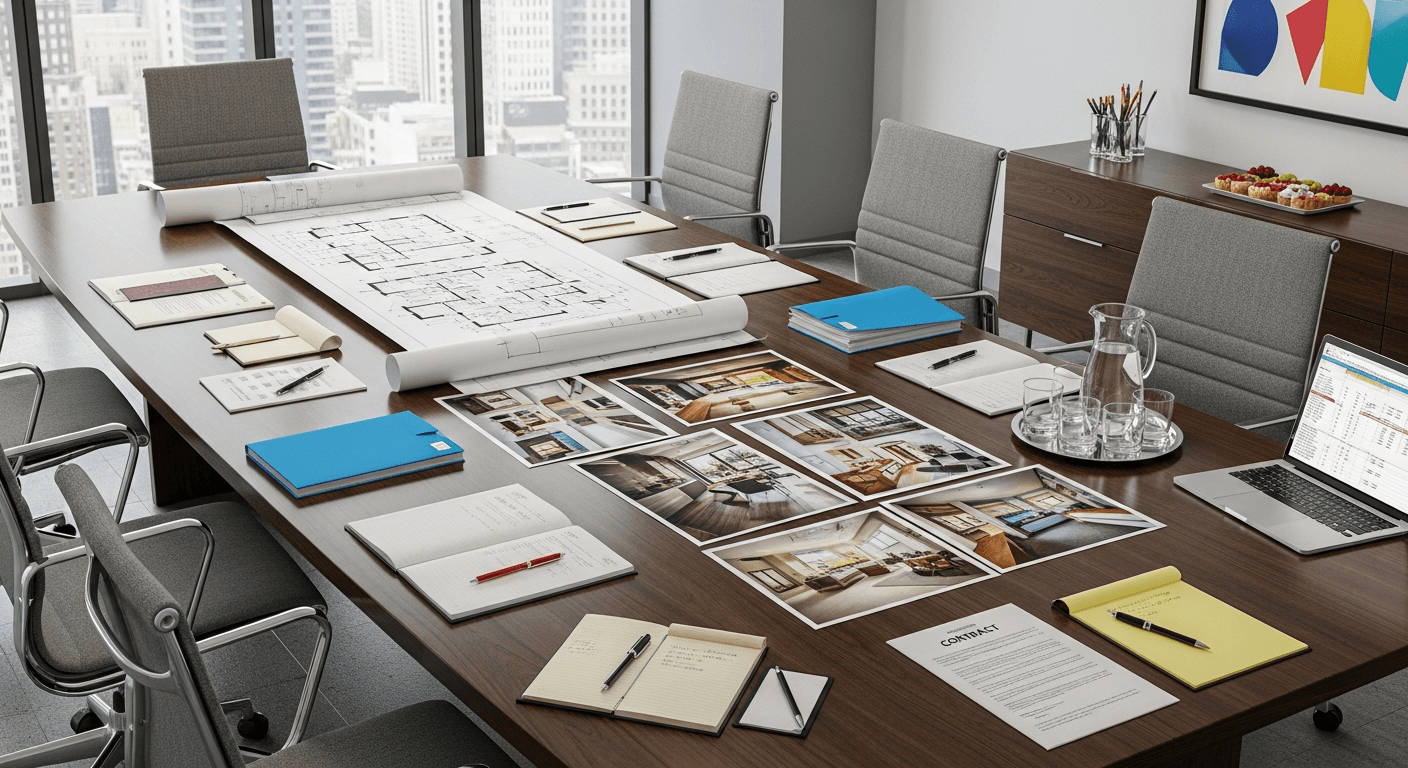 Professionals negotiating a real estate deal with staged home visuals