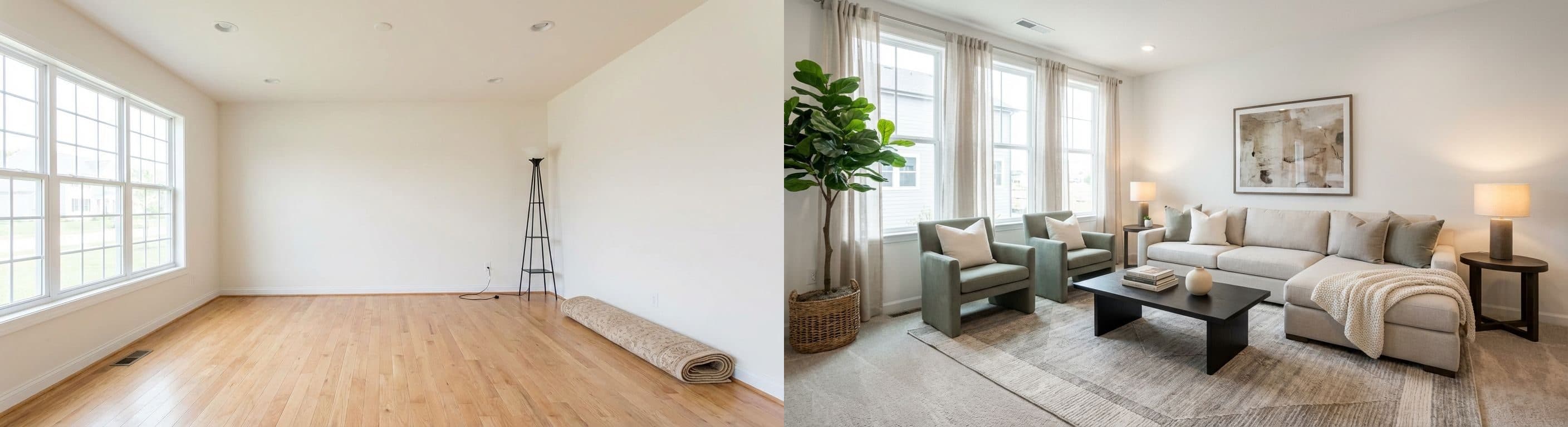 Wohnzimmer: Vorher und nachher des virtuellen Home Stagings. Das Bild zeigt eine deutliche Verbesserung der Raumwirkung und des Ambientes.