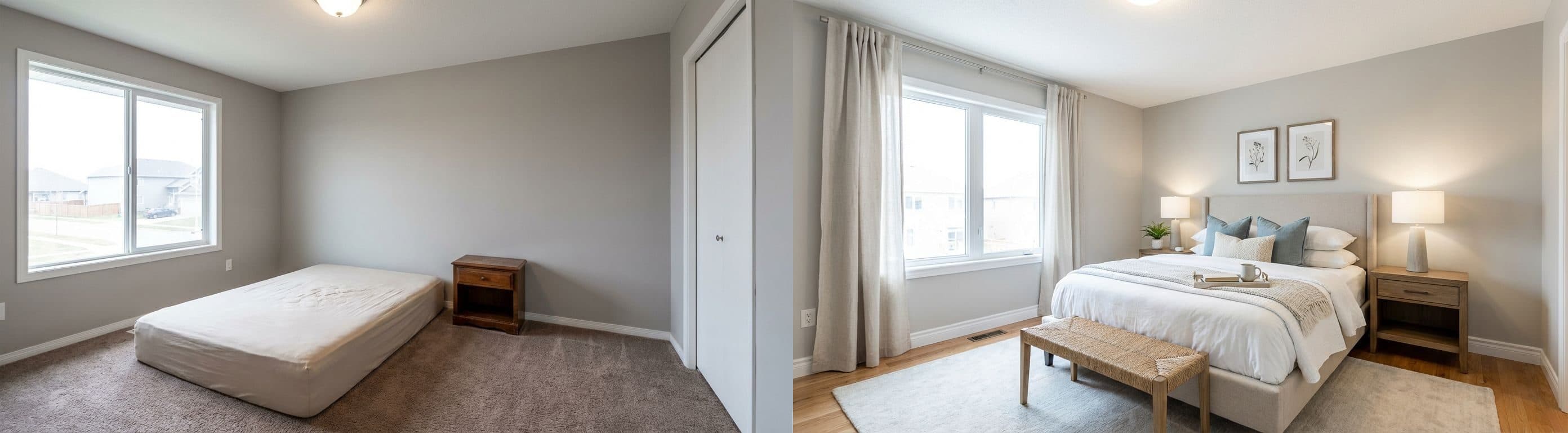 Hauptschlafzimmer: Vorher und nachher des virtuellen Home Stagings. Das Bild verdeutlicht, wie ein Schlafzimmer durch Staging zu einer Wohlfühloase wird.