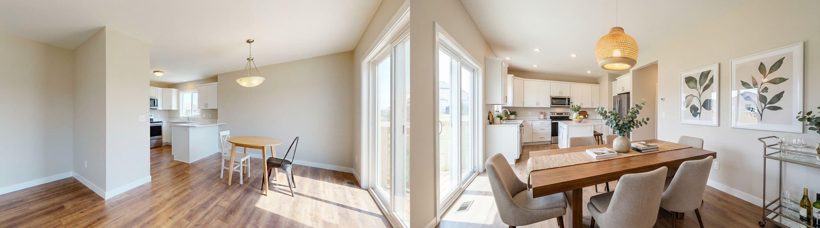 Essbereich (offener Wohnraum): Vorher und nachher des virtuellen Home Stagings. Das Bild zeigt, wie ein offener Bereich durch gezieltes Staging funktional und ästhetisch aufgewertet wird.