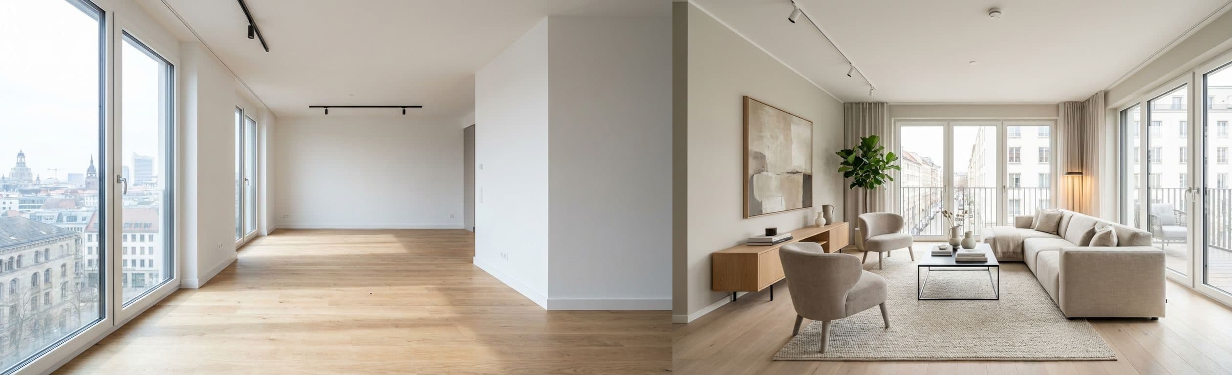 Wohnzimmer (offener Grundriss): Vorher vs. Nachher mit virtuellem Home Staging