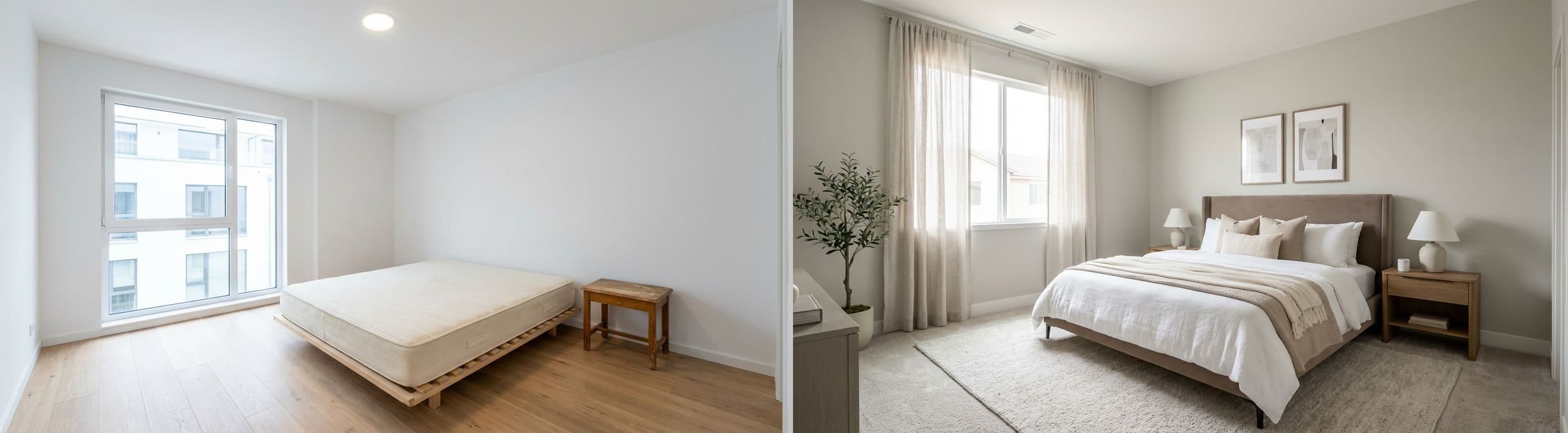 Hauptschlafzimmer: Vorher vs. Nachher mit virtuellem Home Staging