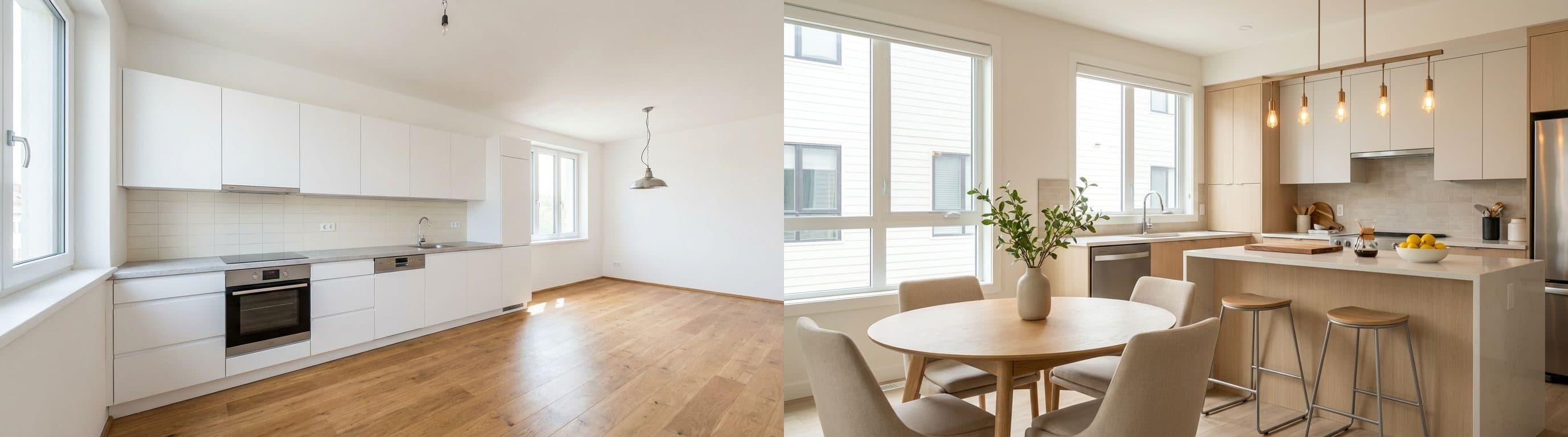 Küche + Essbereich: Vorher vs. Nachher mit virtuellem Home Staging