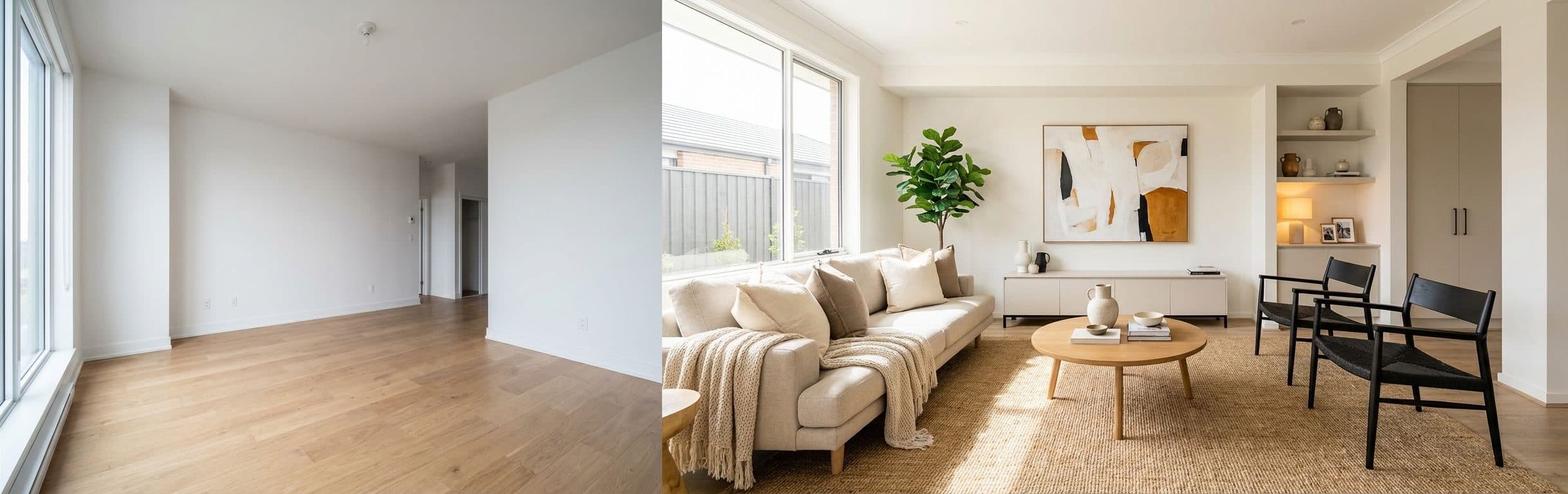 Wohnzimmer: Vorher-Nachher-Vergleich nach virtuellem Home Staging zur Wertsteigerung.