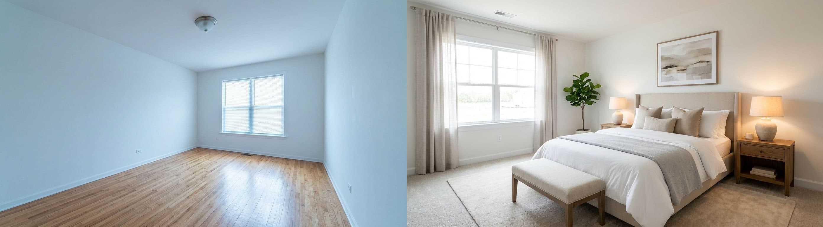 Schlafzimmer: Vorher-Nachher-Vergleich nach virtuellem Home Staging zur besseren Präsentation.
