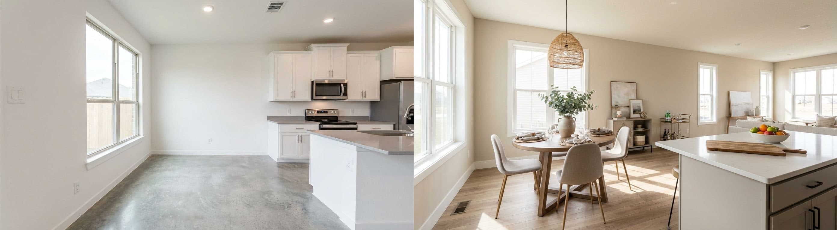 Essbereich / Offene Küche: Vorher-Nachher-Vergleich nach virtuellem Home Staging zur Visualisierung des Potenzials.