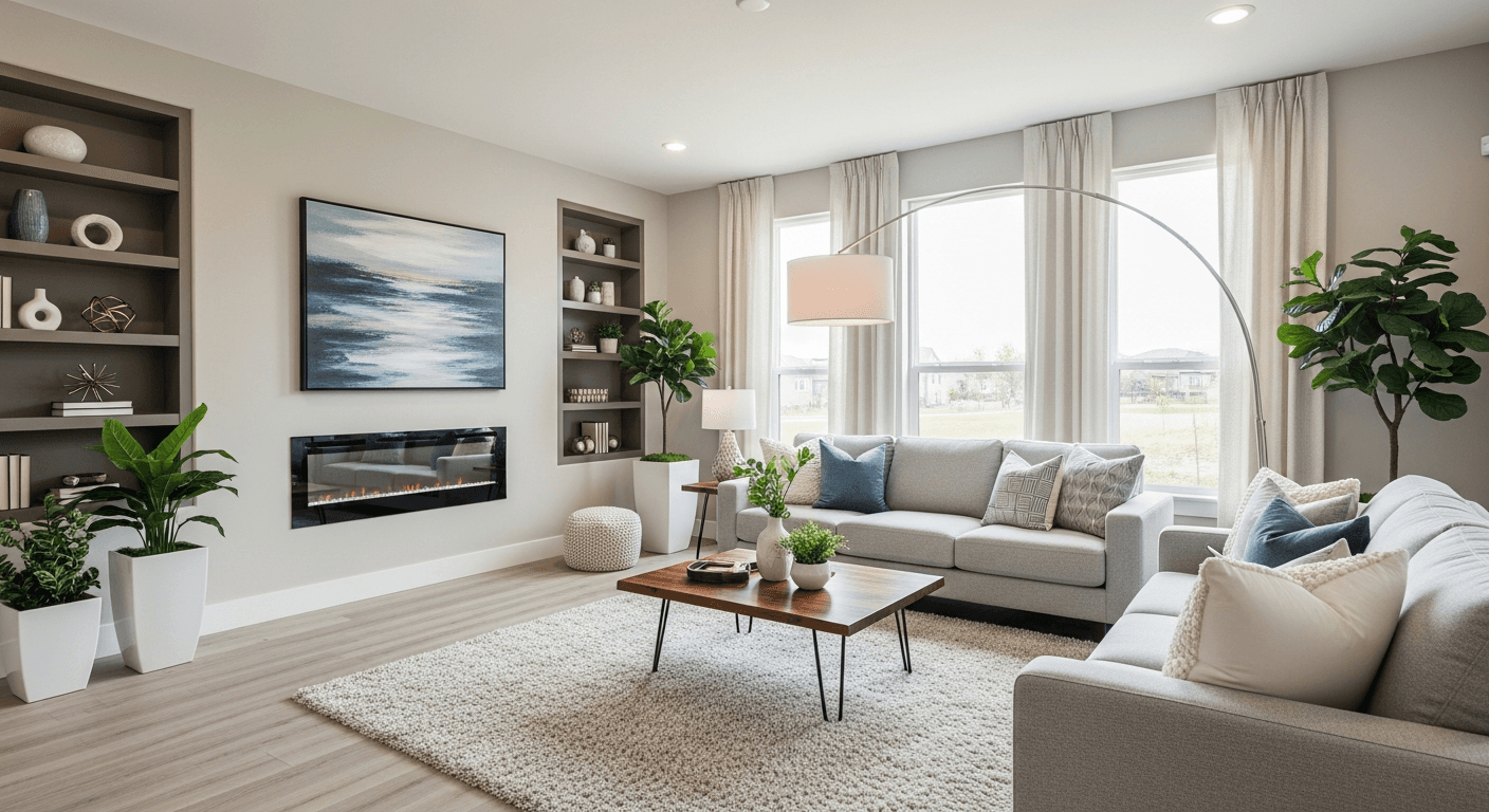 Un soggiorno splendidamente allestito in un exposé immobiliare, che mostra mobili moderni e toni neutri per attrarre gli acquirenti