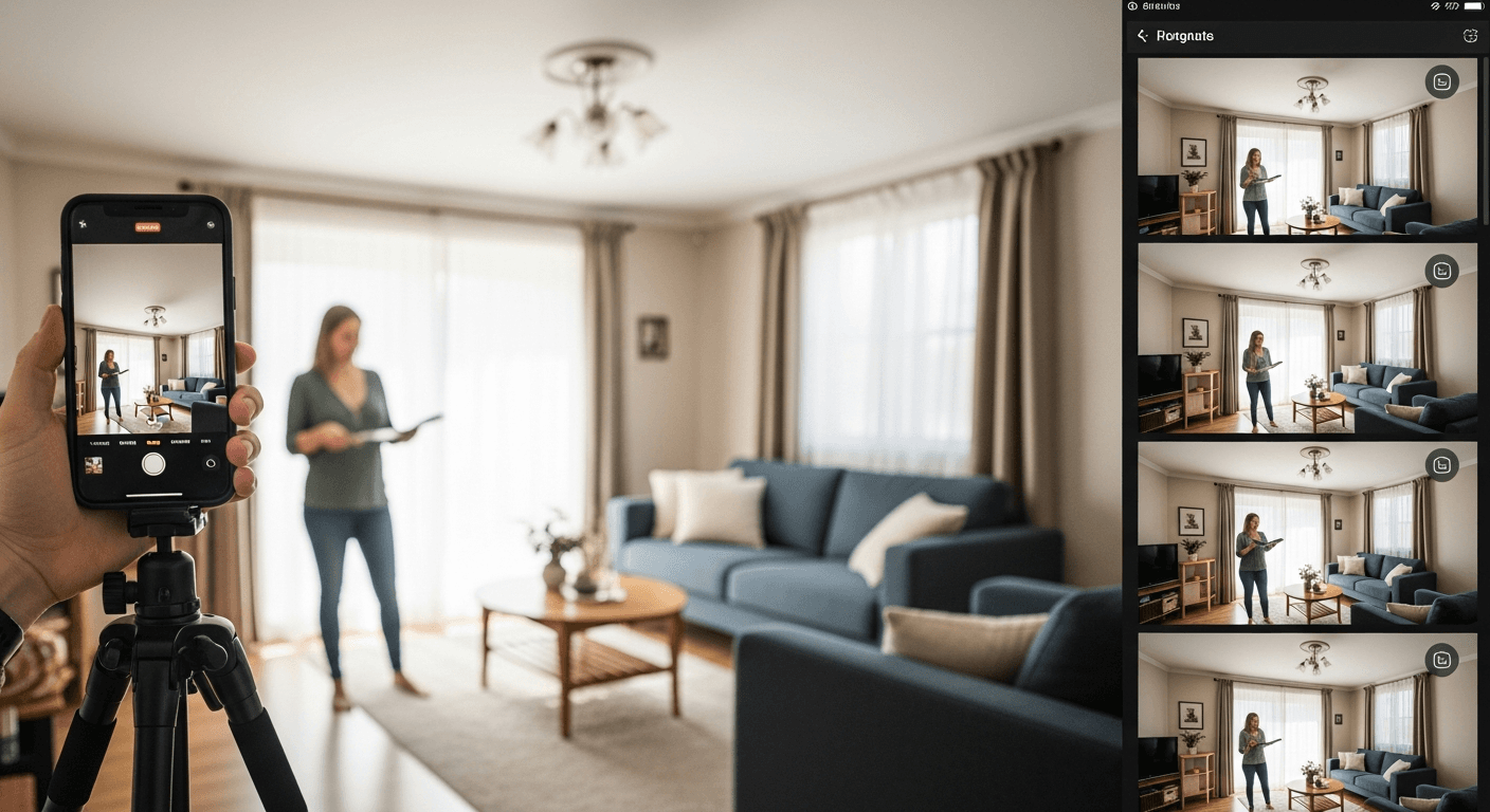 Majiteľ domu fotografuje smartfónom dobre pripravenú obývaciu izbu s prirodzeným svetlom