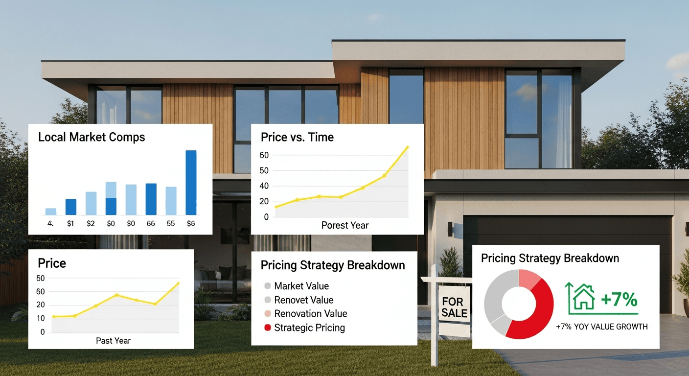 En moderne boligfacade med et 'Til Salg'-skilt, overlejret med prisgrafer og markedsdataikoner