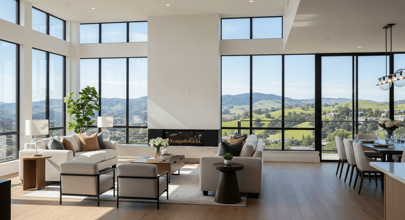 Un soggiorno luminoso e moderno con finestre panoramiche che si affacciano su uno skyline, virtualmente allestito alla perfezione