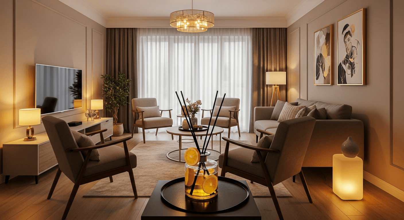 Cozy living room with soft lighting, subtle scents, and ambient music for home staging