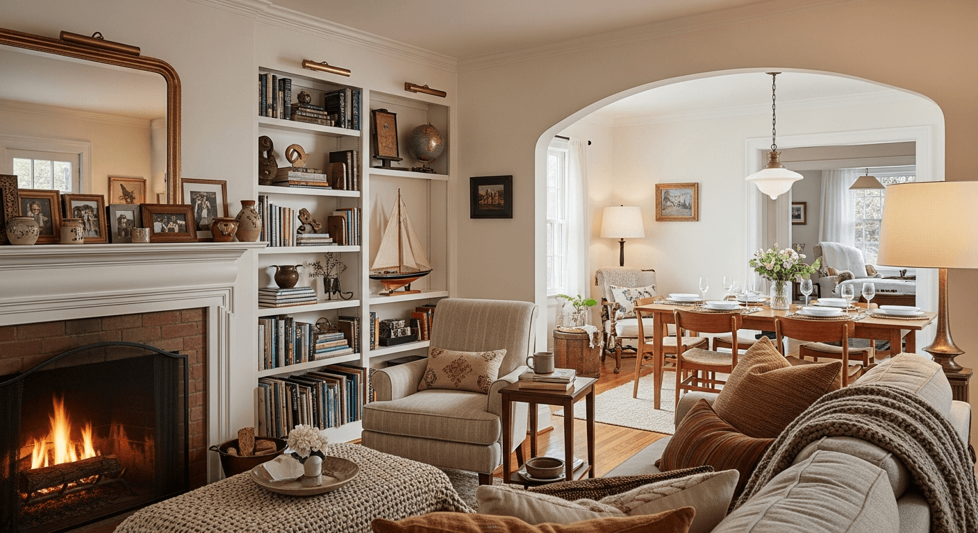 Un salon confortable mis en scène pour raconter une histoire de réunions de famille, évoquant chaleur et émotion dans la vente immobilière