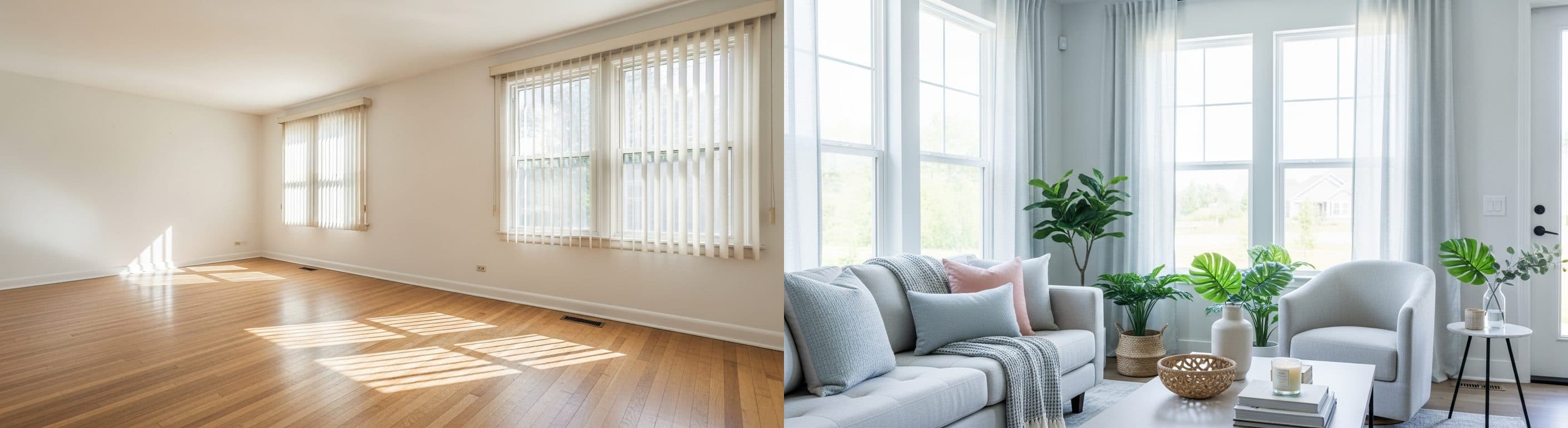 Vardagsrum: före vs efter virtuell staging