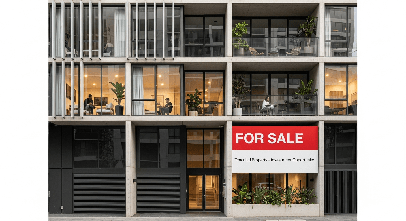 Immeuble d'appartements loués moderne avec panneau 'À vendre', illustrant le processus de vente d'un bien immobilier loué