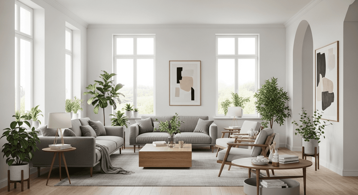 Modern minimalist virtual staging of a living room with neutral tones and clean lines