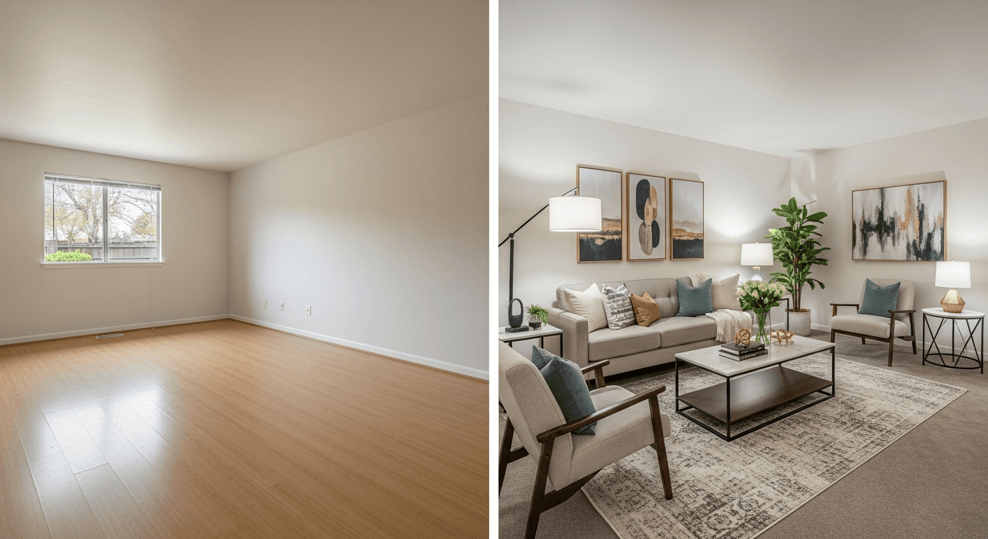 Living Room: before vs after virtual staging