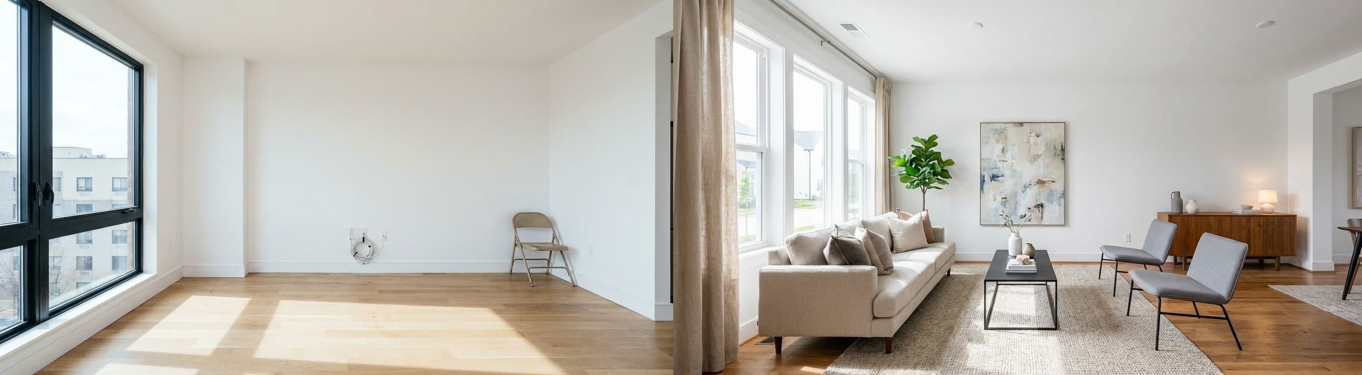 Wohnzimmer: Vorher vs. nachher Virtual Staging. Das Bild zeigt ein leeres Wohnzimmer und daneben dasselbe Zimmer, professionell mit modernen Möbeln virtuell inszeniert, um das Potenzial des Raumes zu verdeutlichen und die Vorstellungskraft der Käufer anzuregen.