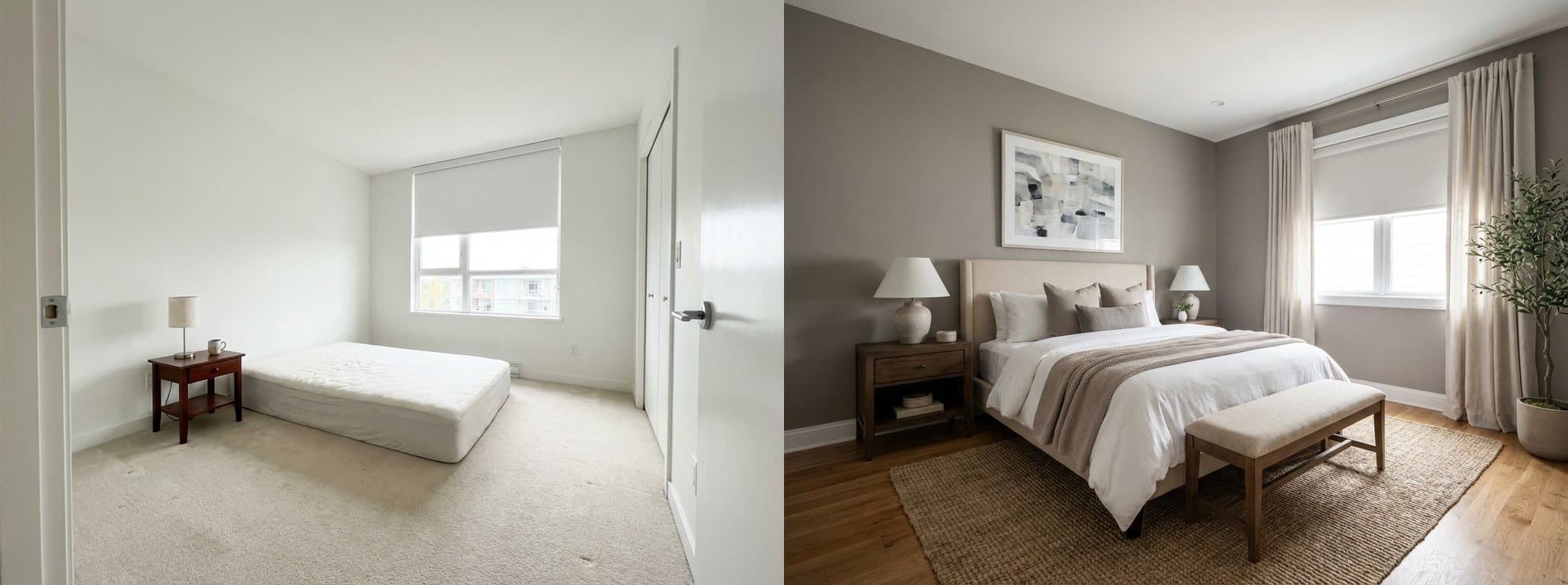 Hauptschlafzimmer: Vorher vs. nachher Virtual Staging. Das Bild zeigt ein leeres Hauptschlafzimmer und daneben dasselbe Zimmer, professionell mit einem Bett, Nachttischen und Dekorationen virtuell inszeniert, um die Raumfunktion und das Potenzial für Käufer klar darzustellen.