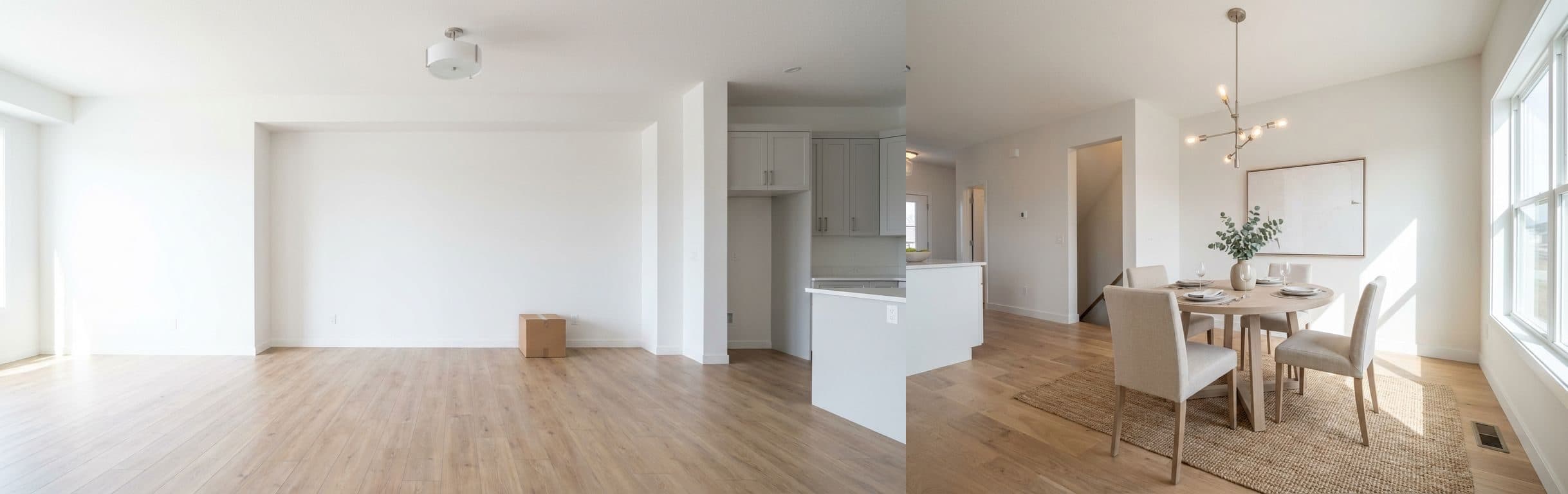 Essbereich (offener Grundriss): Vorher vs. nachher Virtual Staging. Das Bild zeigt einen leeren Essbereich in einem offenen Grundriss und daneben denselben Bereich, professionell mit einem Esstisch, Stühlen und Dekorationen virtuell inszeniert, um die Nutzung und Ästhetik des Raumes zu verbessern.