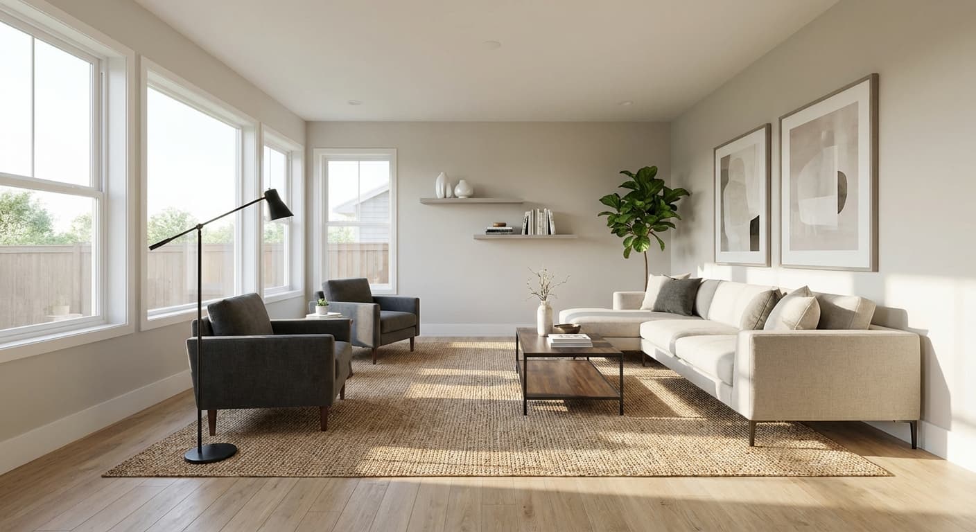 Dasselbe Wohnzimmer, virtuell inszeniert mit einem modernen Sofa, Sesseln, Teppich, Couchtisch, minimalistischer Dekoration und Pflanzen, bei natürlichem Lichteinfall.