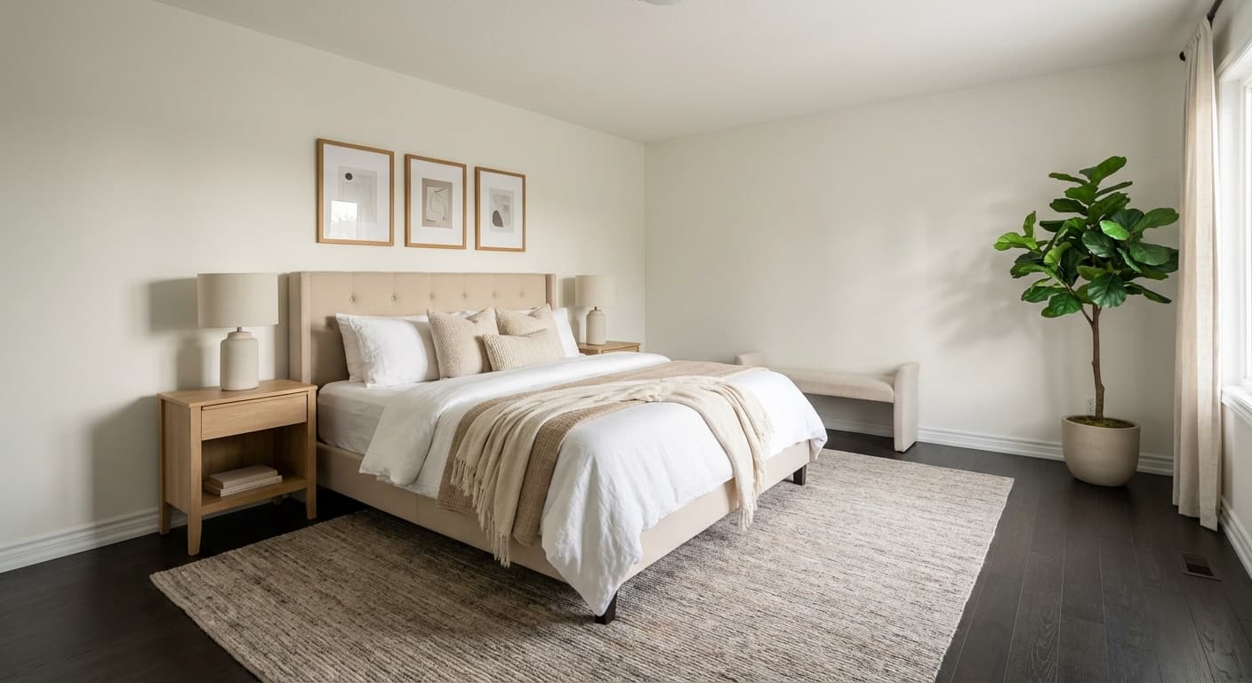Dasselbe Schlafzimmer, virtuell inszeniert mit einem gepolsterten Bett, mehrschichtiger Bettwäsche, passenden Nachttischen und Lampen, einem Teppich, Bildern und einer Bank.