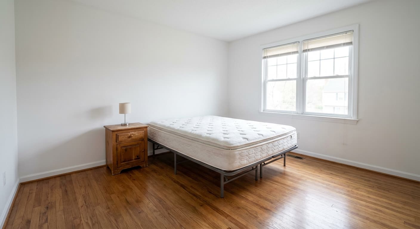 Sauberes Hauptschlafzimmer mit nackter Matratze, minimalistischen Möbeln und ohne Dekoration, bei natürlichem Lichteinfall.